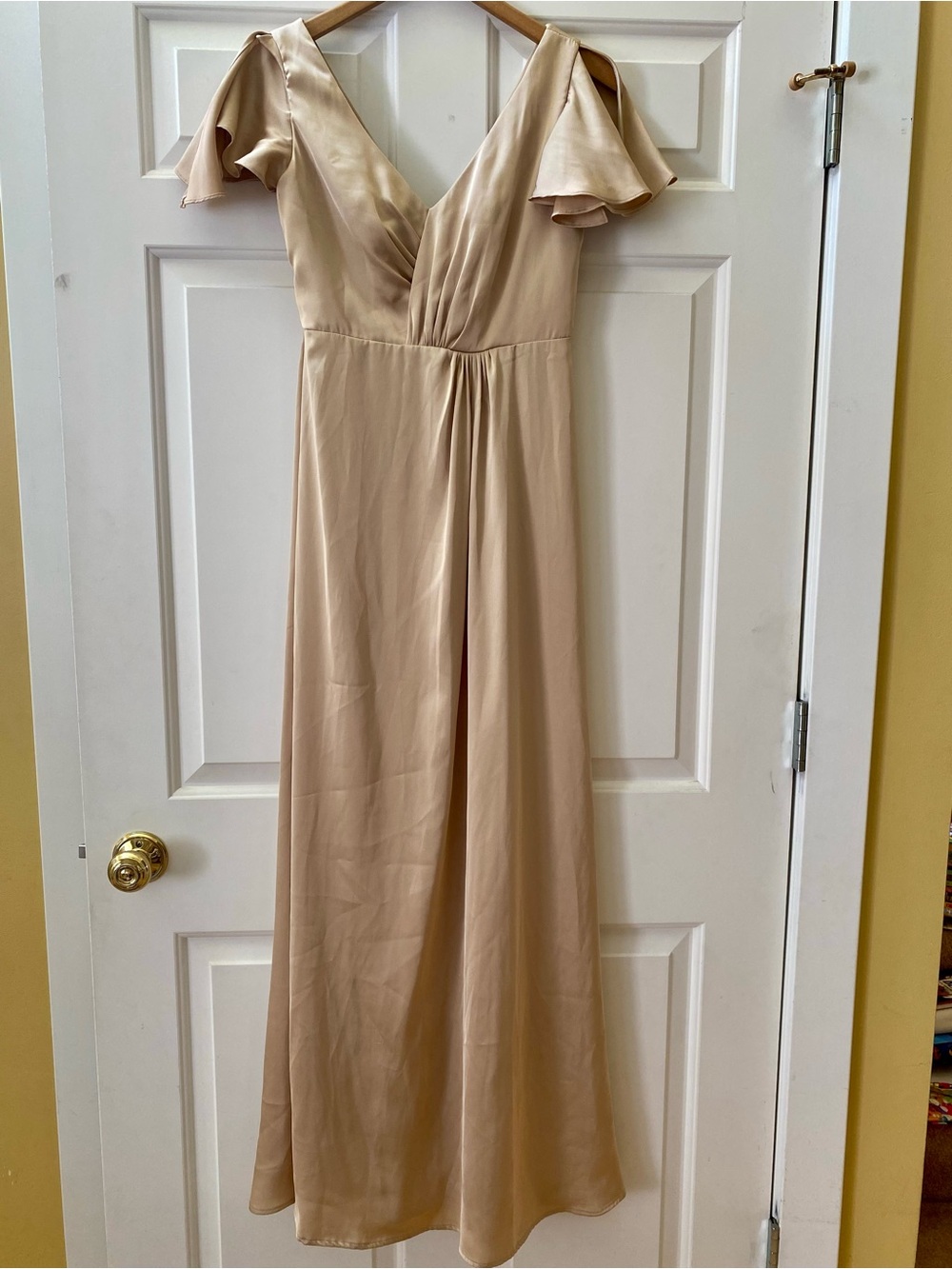 Azazie Champagne Maxi Dress with Flutter Sleeves